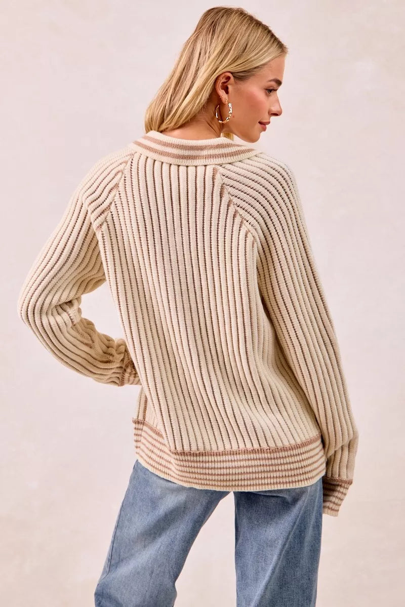 Half Button Ribbed Two Tone Sweater at In Style Chics Boutique 