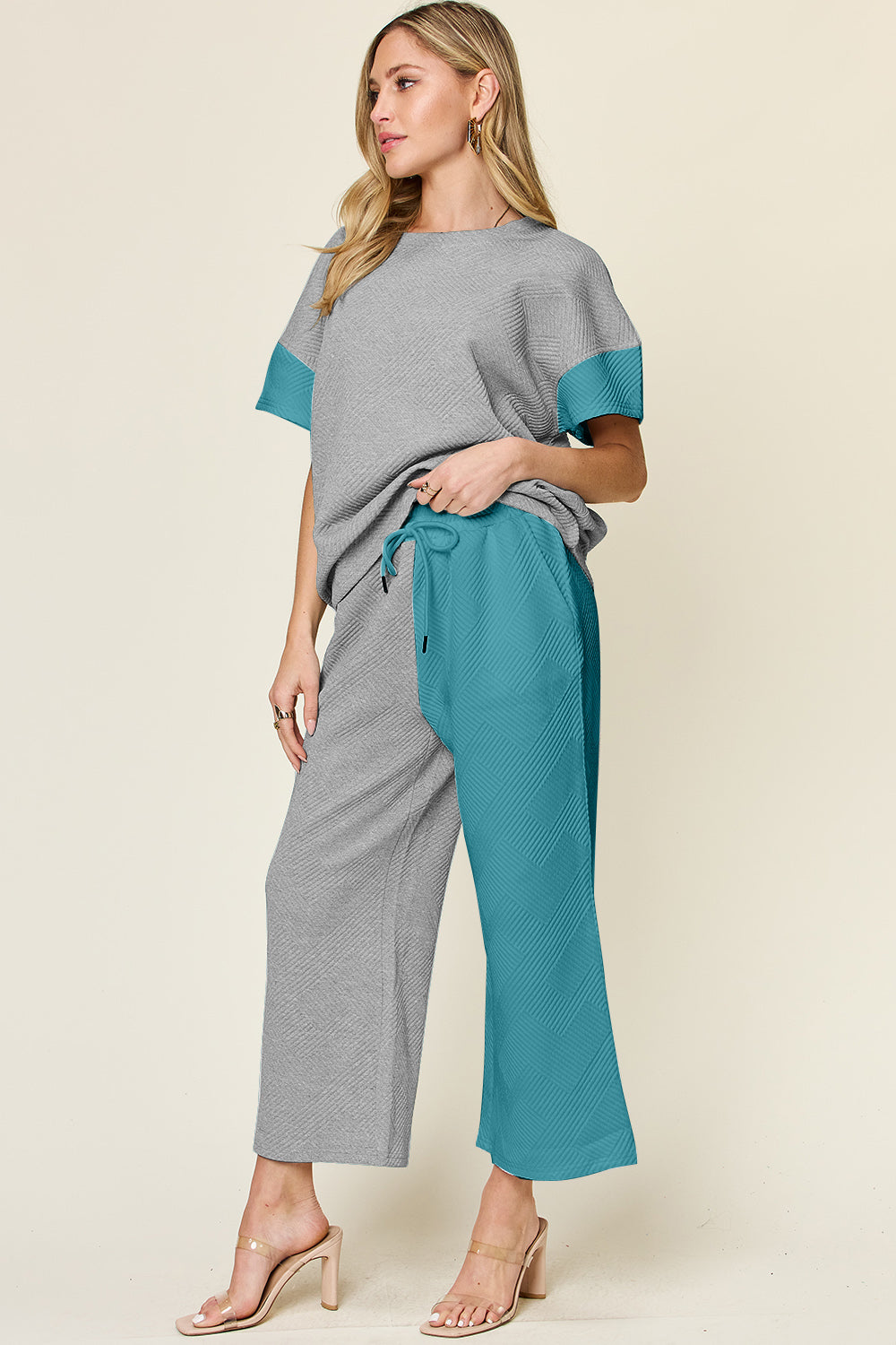 Double Take Full Size Texture Contrast T-Shirt and Wide Leg Pants Set - More Colors! - In Style Chics Boutique LLC