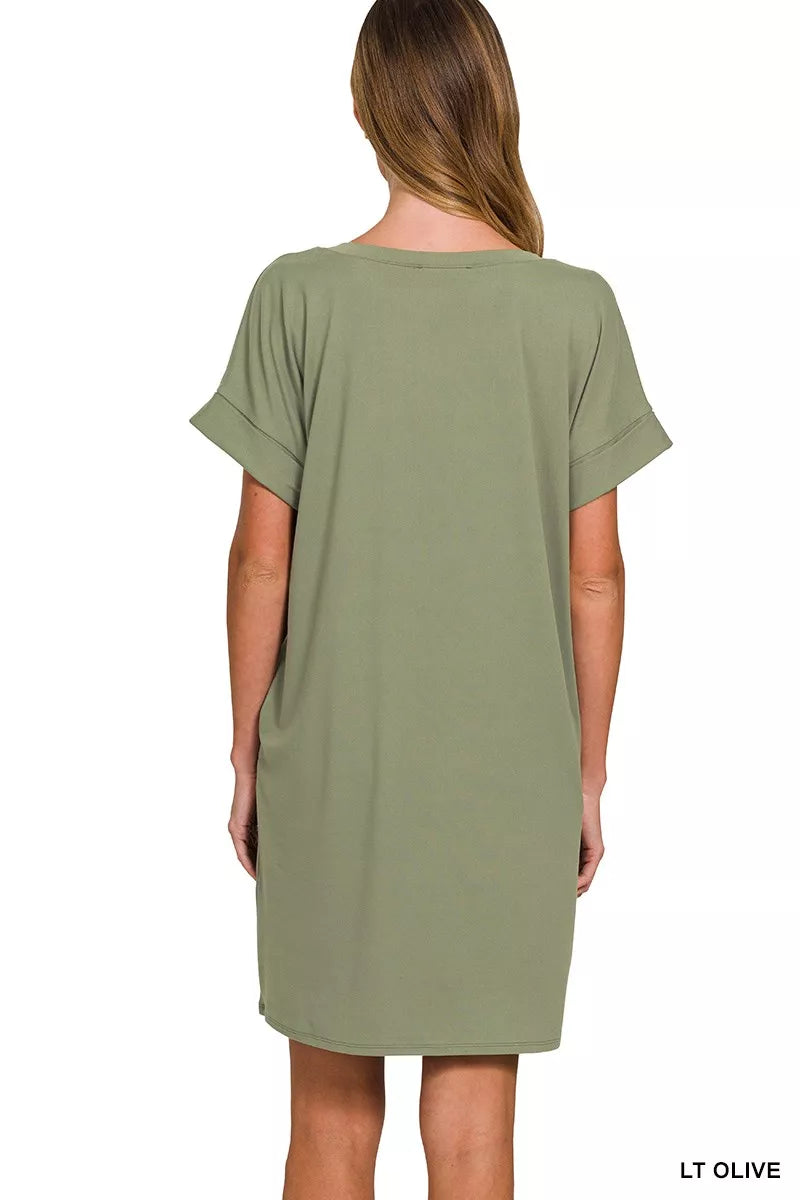 Zenana Brushed DTY Rolled Short Sleeve V-Neck Dress