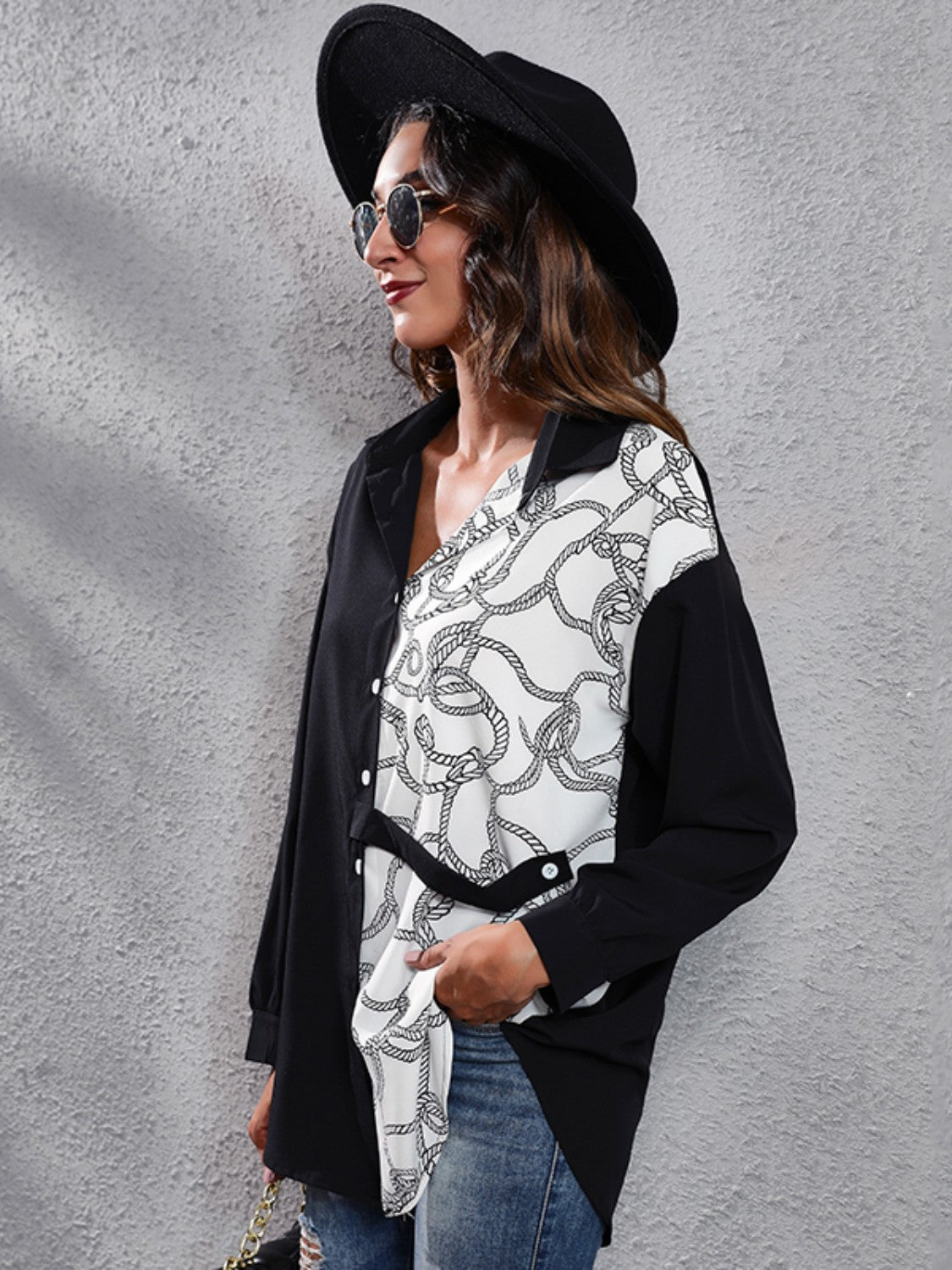 Contrast Button Up Long Sleeve Shirt - In Style Chics Boutique LLC