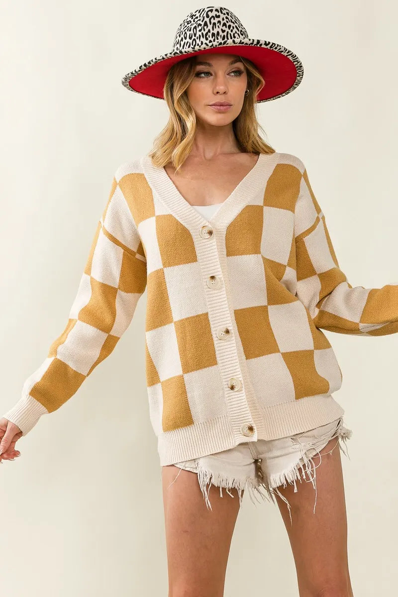Checked V-neck Cardigan at In Style Chics Boutique 