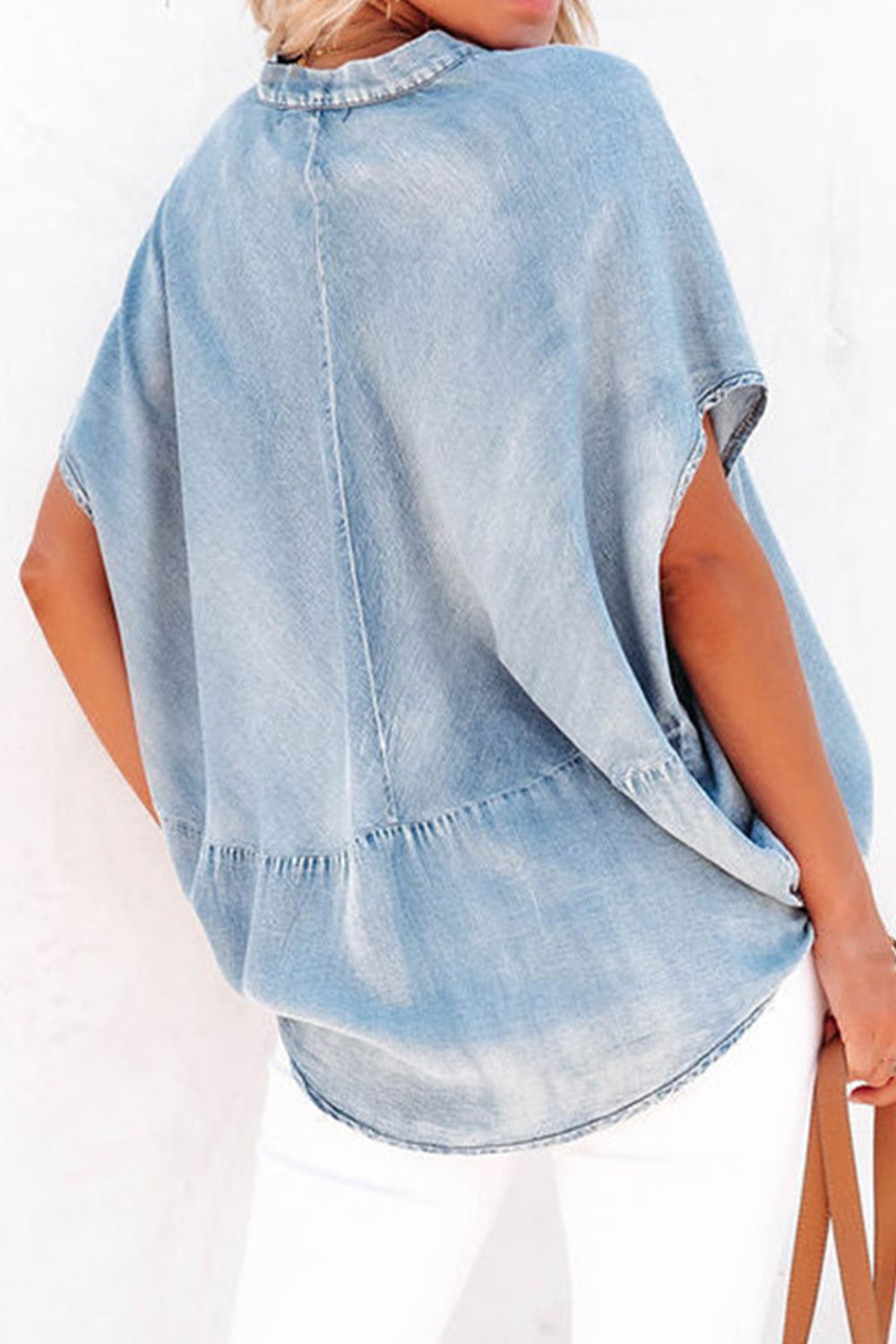 Notched Short Sleeve Denim Top - In Style Chics Boutique LLC