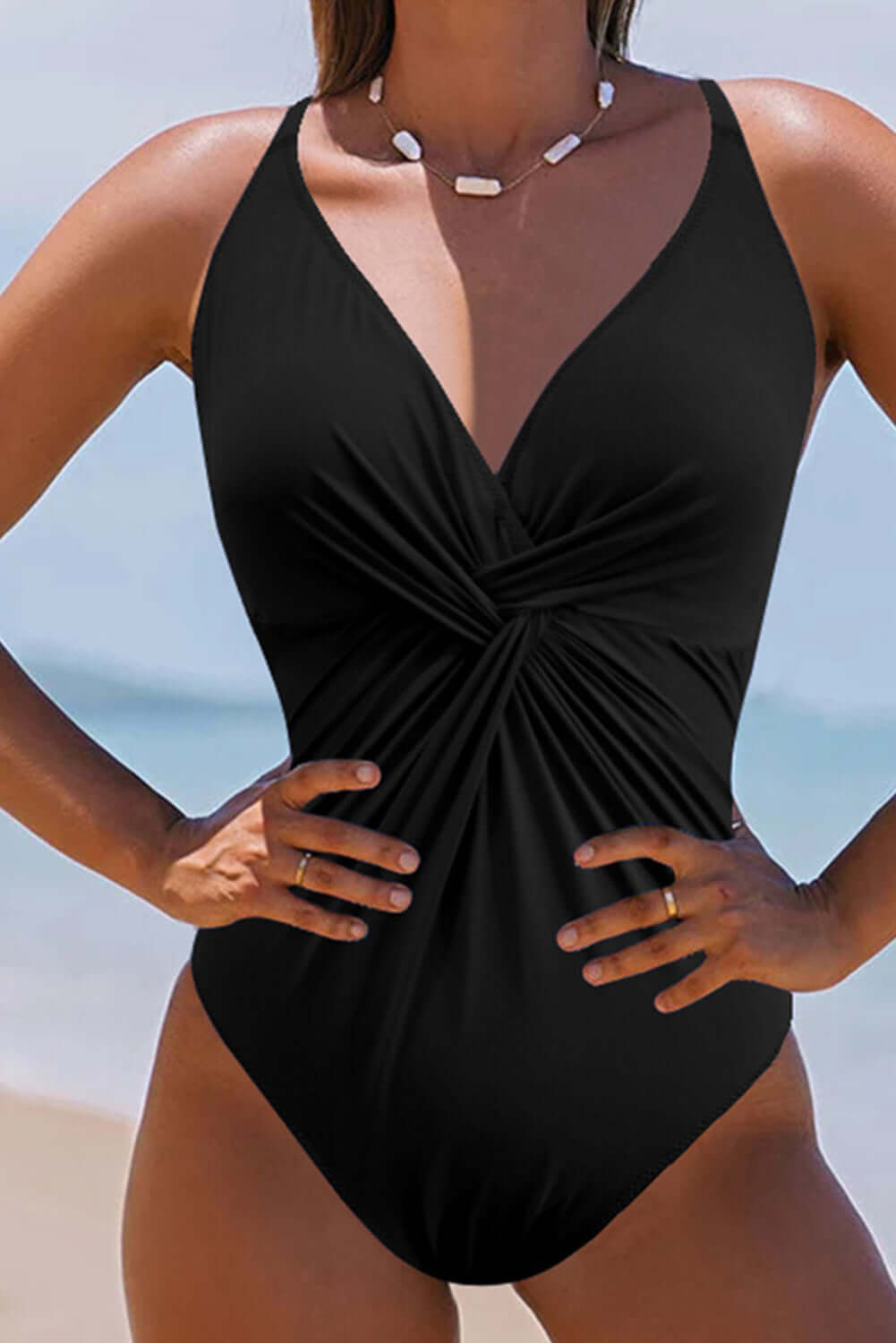 Black V Neck Twist Ruched Crisscross Backless One-Piece Swimsuit - In Style Chics Boutique Online Clothing Women's Juniors
