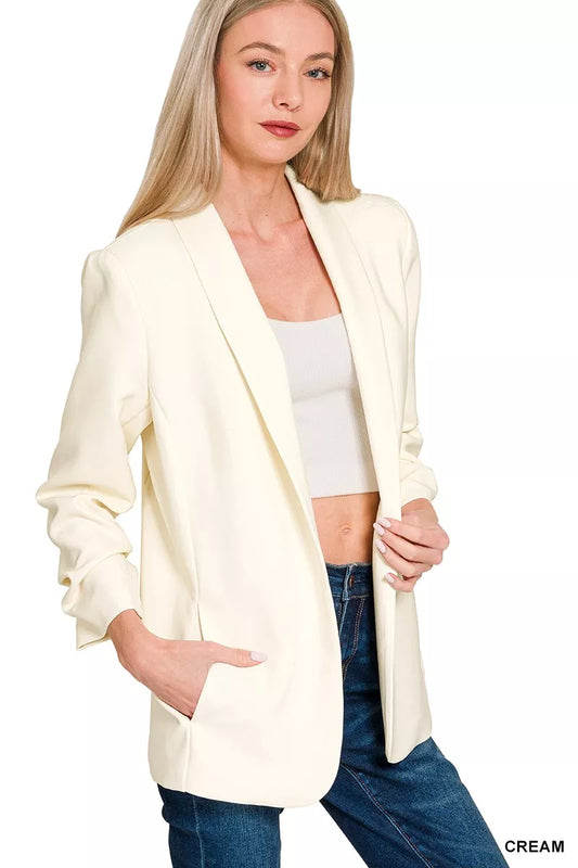 Shop Woven 3/4 Ruched Sleeve Open Front Classic Blazer at In Style Chics Boutique 