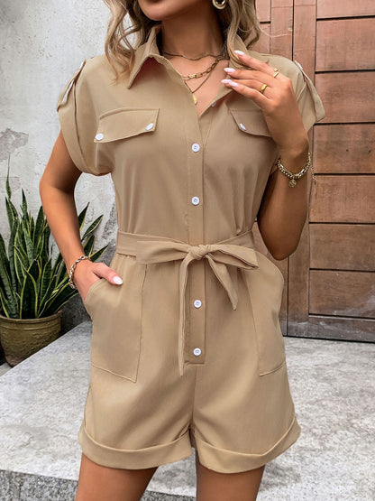 Collared Neck Tie Waist Romper with Pockets - In Style Chics Boutique LLC