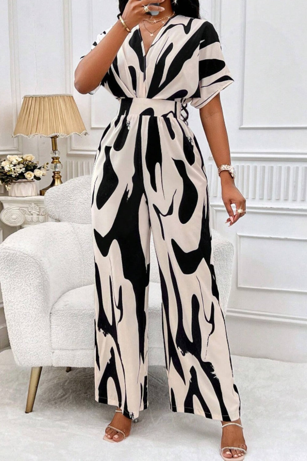 Printed V-Neck Short Sleeve Wide Leg Jumpsuit - In Style Chics Boutique LLC