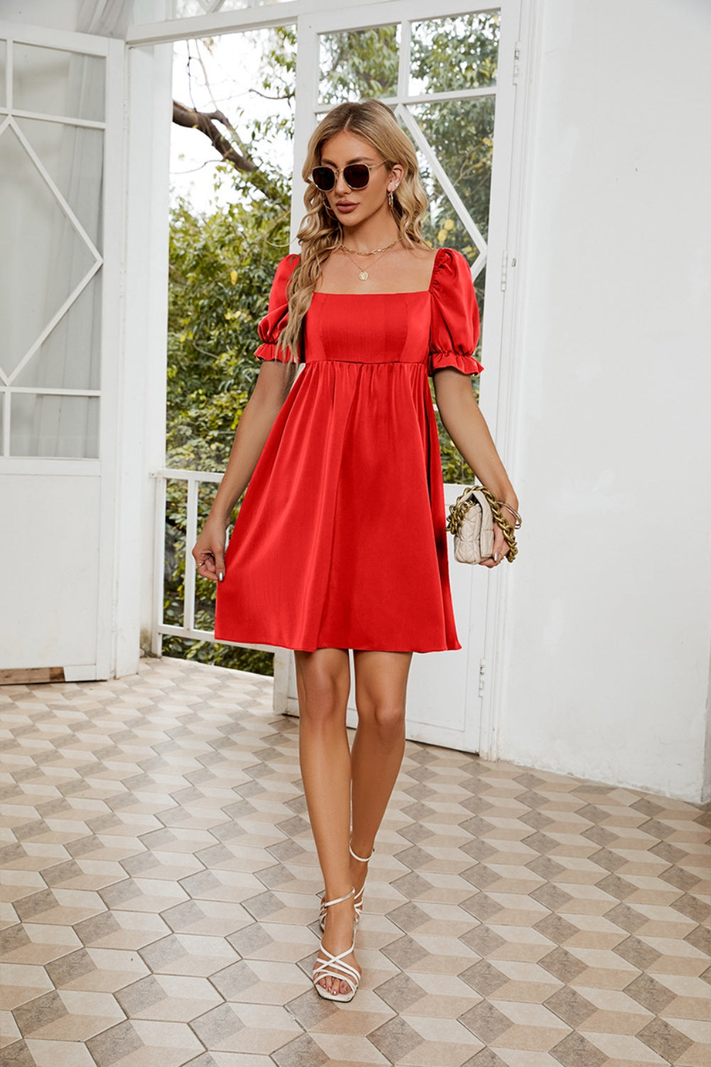 Ruched Square Neck Flounce Sleeve Mini Dress - In Style Chics Boutique LLC