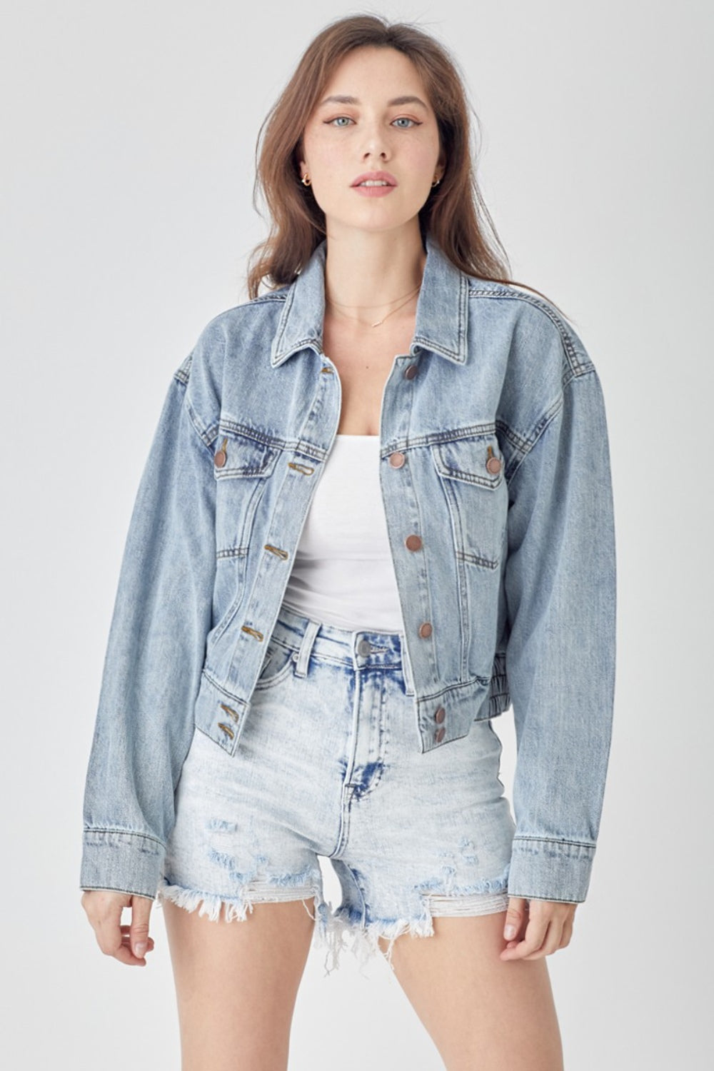 RISEN Full Size Button Down Cropped Denim Jacket - In Style Chics Boutique LLC