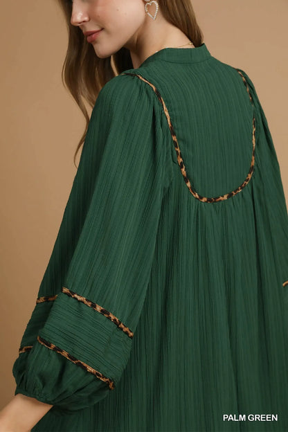 Textured Babydoll Dress with Leopard Trim at In Style Chics Boutique 