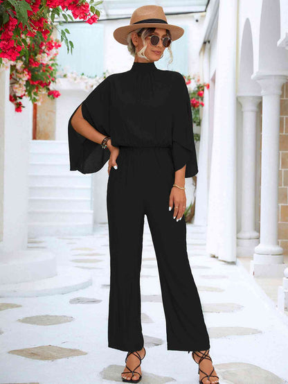 Tie Back Mock Neck Split Sleeve Jumpsuit - In Style Chics Boutique