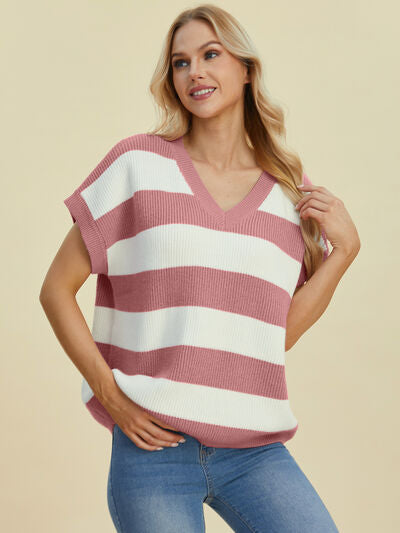 Women's Striped V-Neck Short Sleeve Sweater - In Style Chics Boutique Online Clothing 