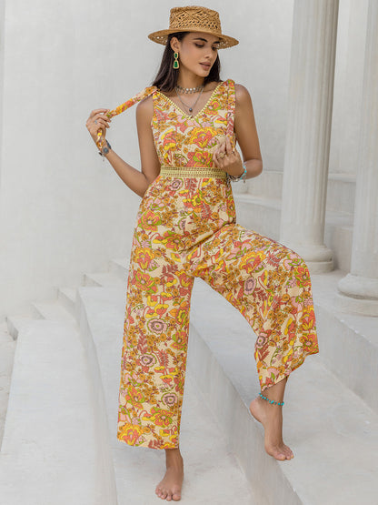 Printed V-Neck Tie Shoulder Jumpsuit - In Style Chics Boutique LLC