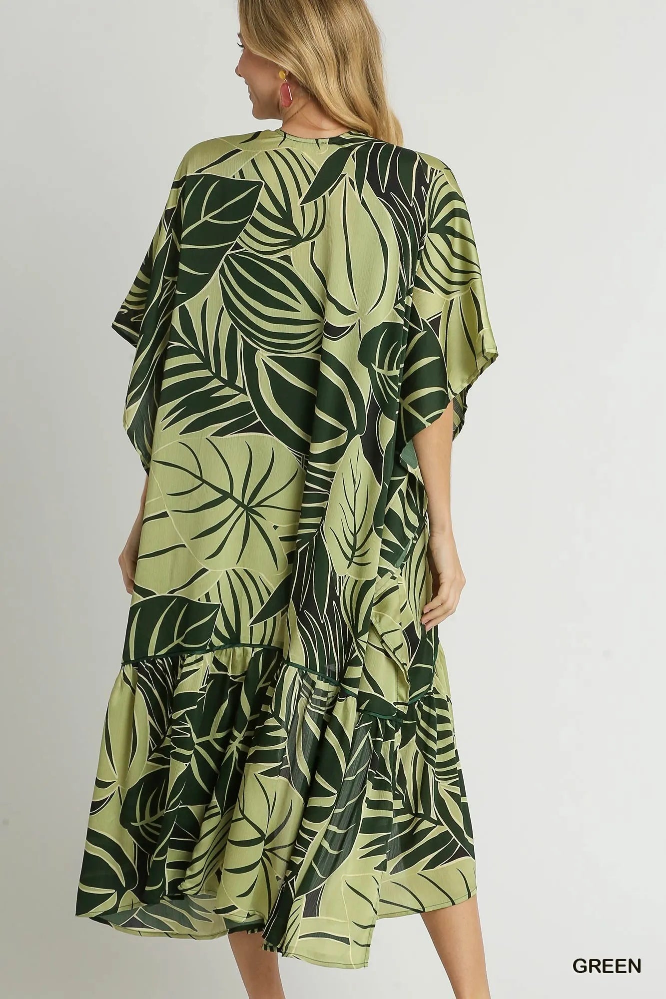 Satin Tropical Print Open Front Kimono with Ruffle Details at In Style Chics Boutique 