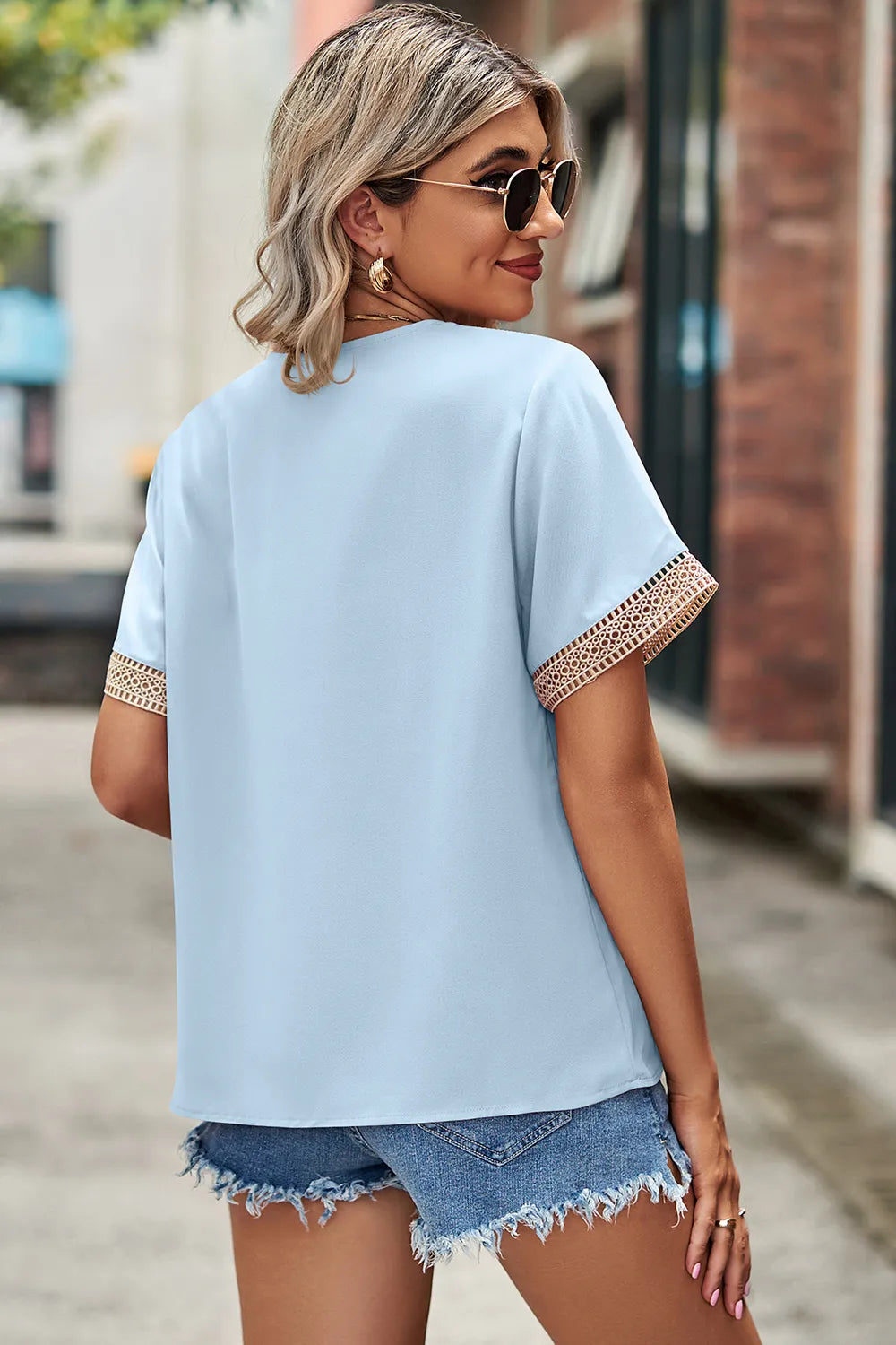 Openwork V-Neck Short Sleeve T-Shirt - In Style Chics Boutique 