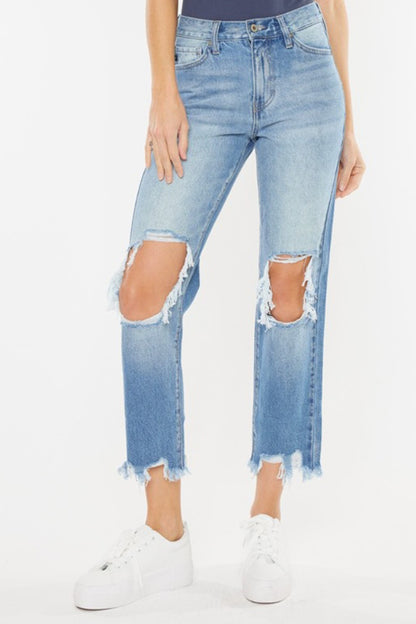 Kancan High Waist Chewed Up Straight Mom Jeans - In Style Chics Boutique LLC