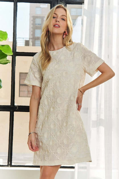 ADORA Applique Round Neck Short Sleeve Shift Dress - In Style Chics Boutique LLC