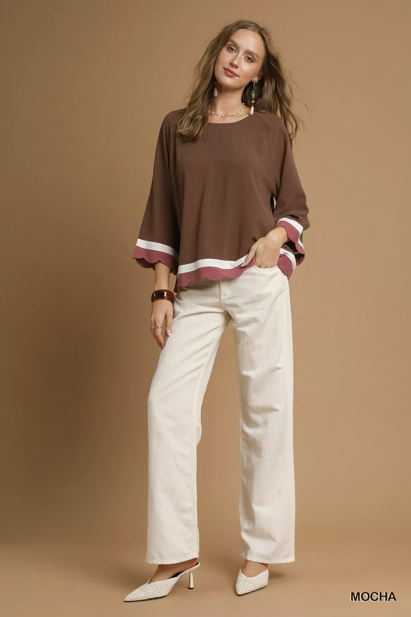 Fall Style Color Block Top, Scalloped Hem at In Style Chics Boutique 
