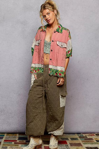 Lace Patch Floral Half Sleeve Shacket at In Style Chics Boutique