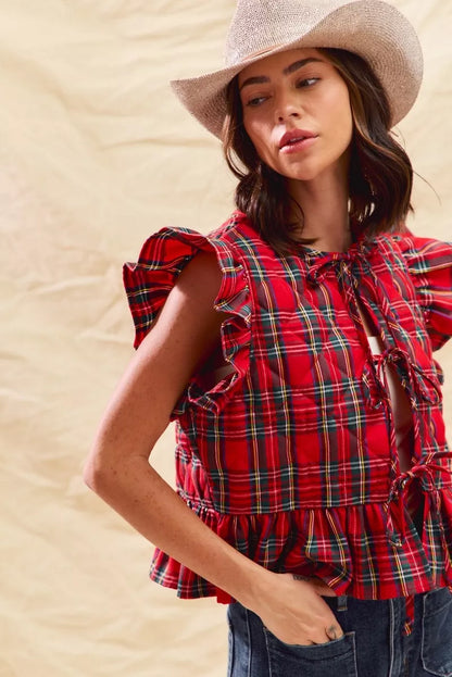 Shop Christmas Holiday Plaid Ruffled Quilt Vest Top at In Style Chics Boutique ❤️ 💚🖤