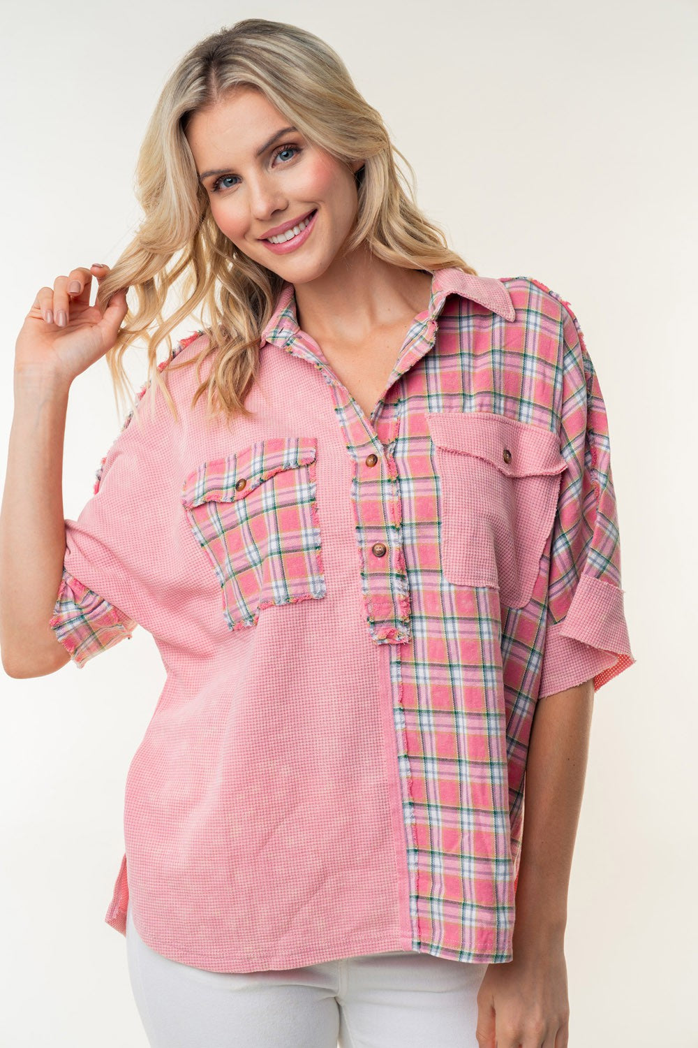 White Birch Plaid Color Block Half Button Top - In Style Chics Boutique LLC