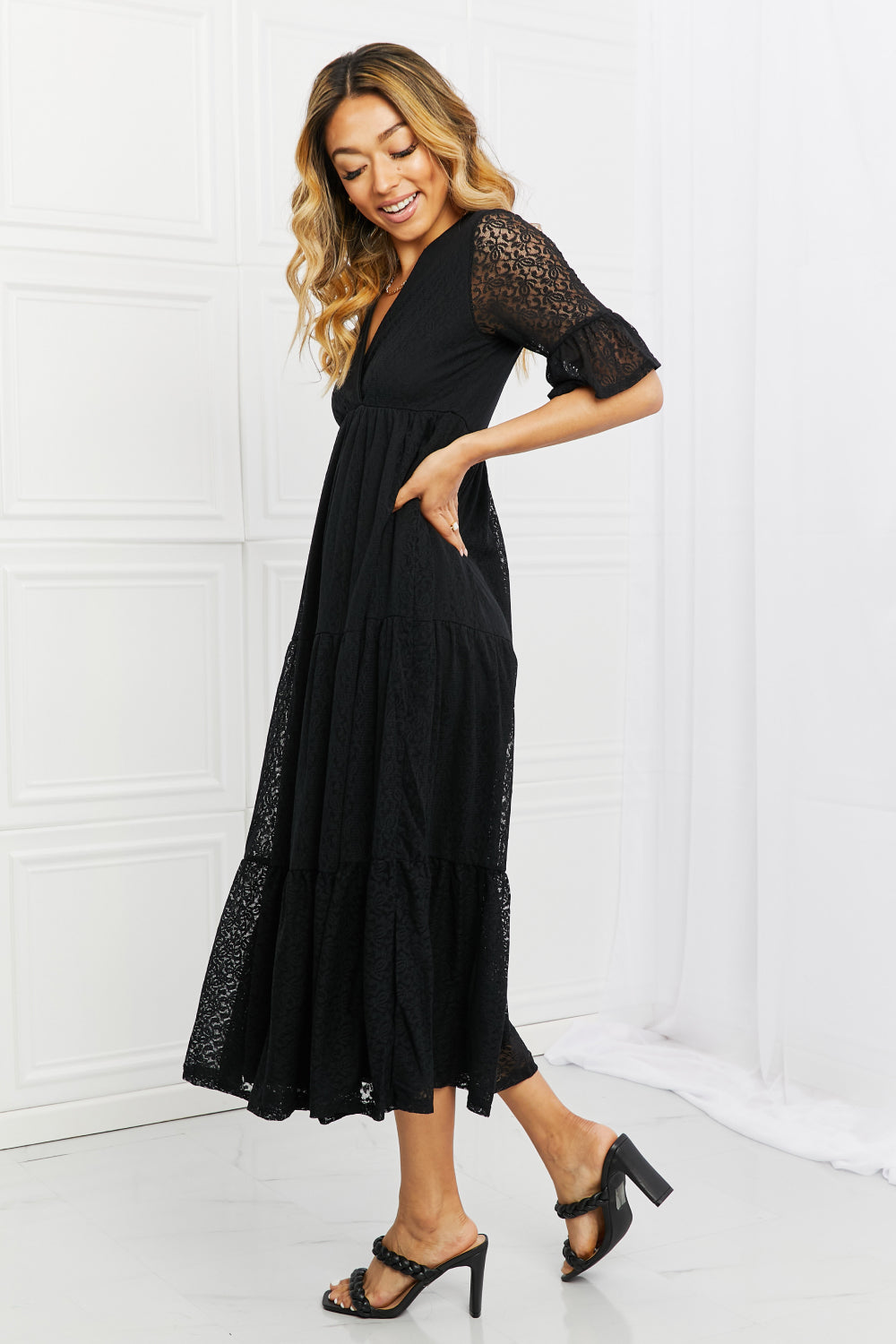 Black Lace Dress, Midi Tiered - Made in USA - In Style Chics Boutique Women's Clothes Plus Size 