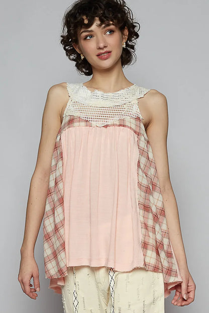 Crochet Lace Tank Top with Plaid Panel Detail  - In Style Chics Boutique 
