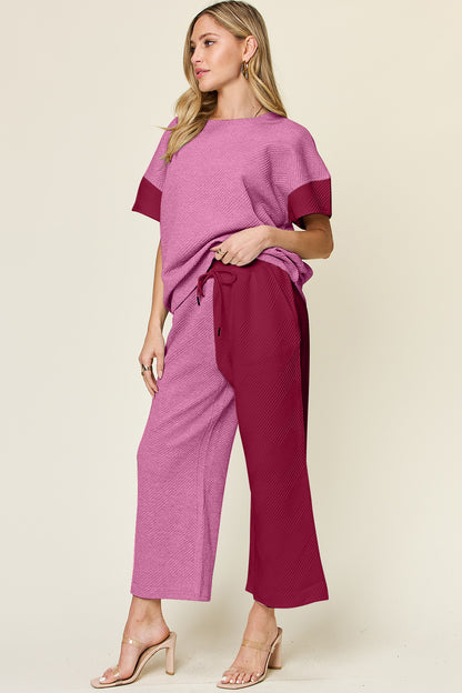 Double Take Full Size Texture Contrast T-Shirt and Wide Leg Pants Set - More Colors! - In Style Chics Boutique LLC