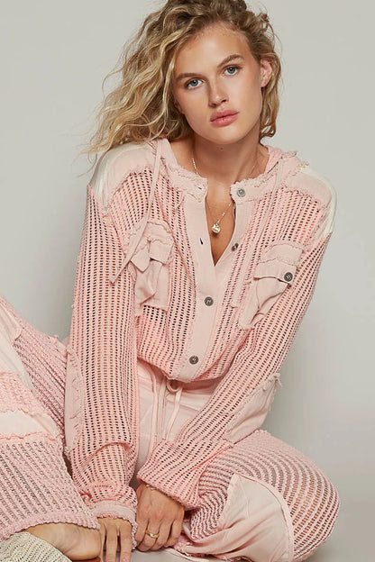Button Down Hooded Shirt, Texture Woven Drawstring Hem Hoodie at In Style Chics Boutique 