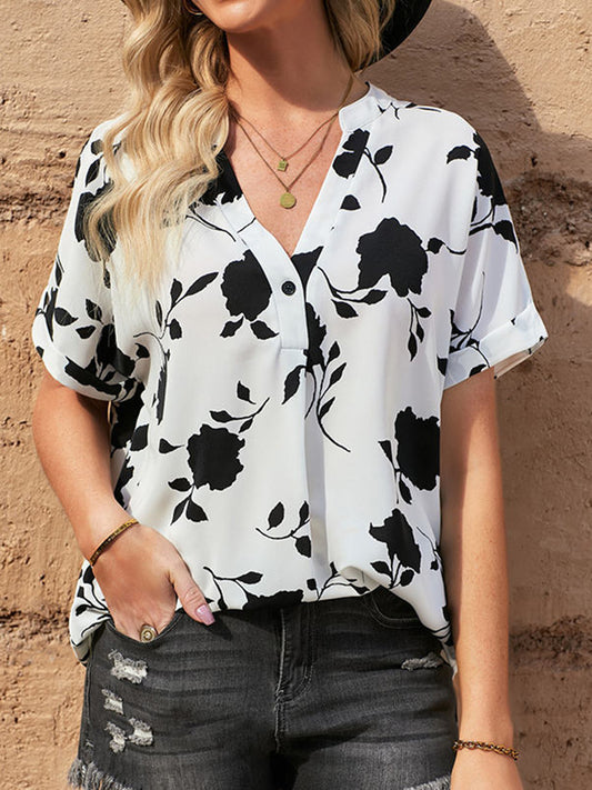 Full Size Printed Notched Short Sleeve Blouse - In Style Chics Boutique LLC