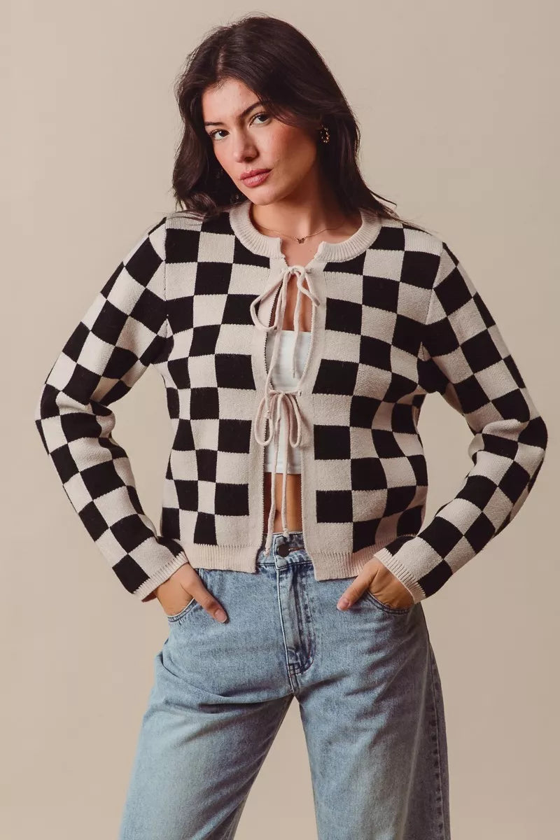 Shop Tie Front Checkered Knitted Round Neck Cardigan at In Style Chics Boutique