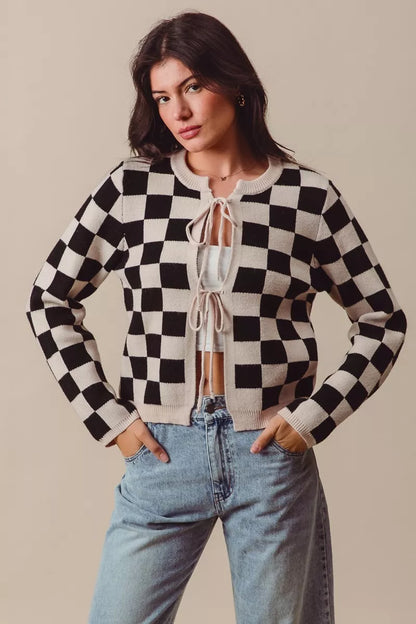 Shop Tie Front Checkered Knitted Round Neck Cardigan at In Style Chics Boutique