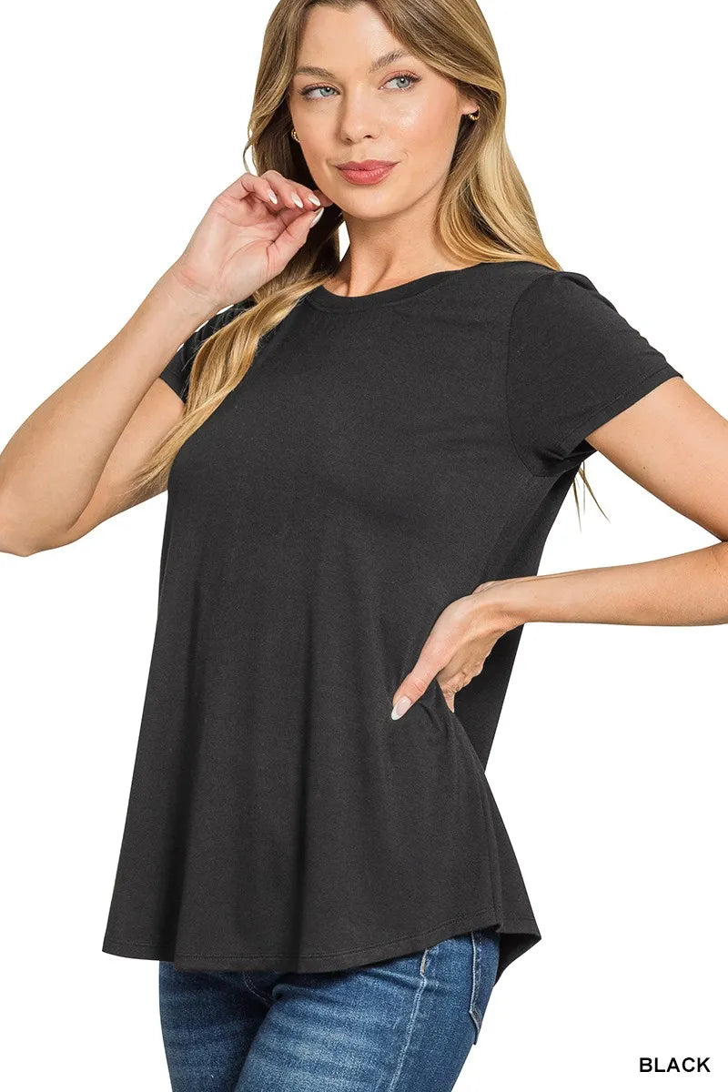 Short Sleeve Black T-Shirt Flowy Round Hem at In Style Chics Boutique 
