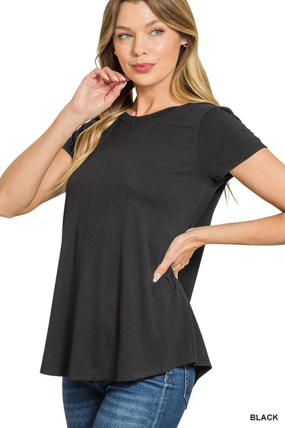 Short Sleeve Black T-Shirt Flowy Round Hem at In Style Chics Boutique 
