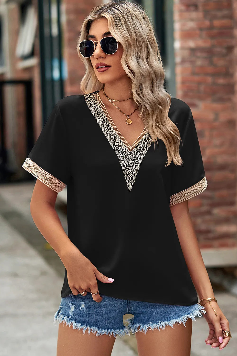 Openwork V-Neck Short Sleeve T-Shirt - In Style Chics Boutique 