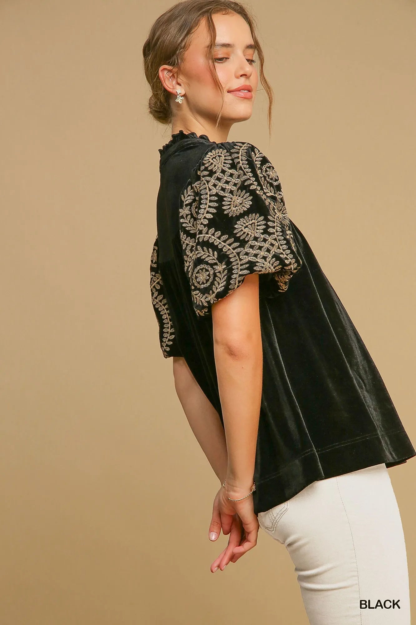 Velvet Embroidered Sleeve Blouse at In Style Chics Boutique 