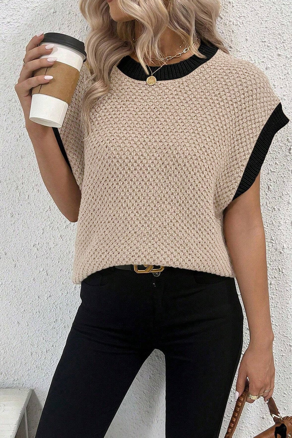 Contrast Round Neck Cap Sleeve Knit Top - In Style Chics Boutique LLC