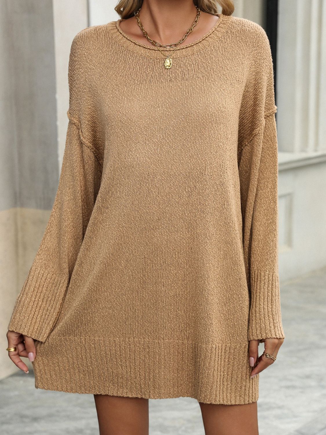 Round Neck Dropped Shoulder Sweater - In Style Chics Boutique LLC