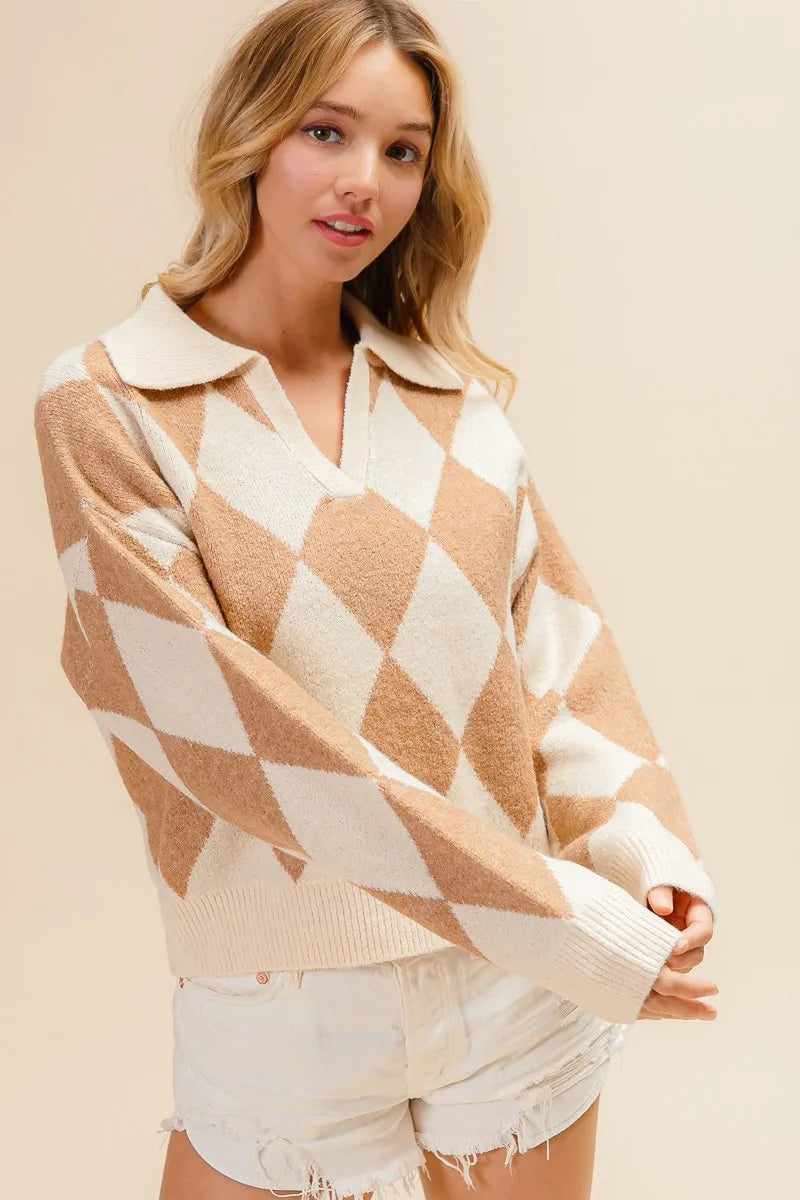 Diamond Pattern Collared Notch Neck Sweater at In Style Chics Boutique 
