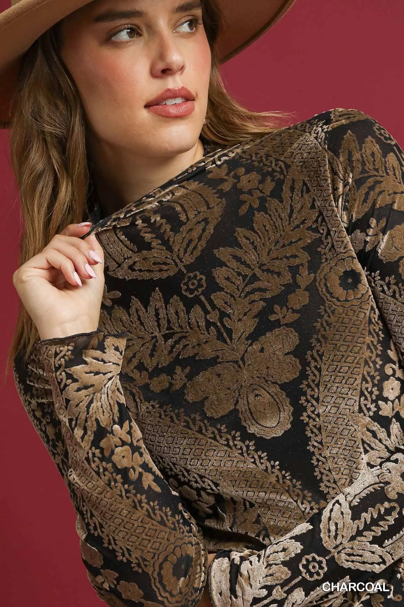 Damask Print Velvet Burnout Top at In Style Chics Boutique 