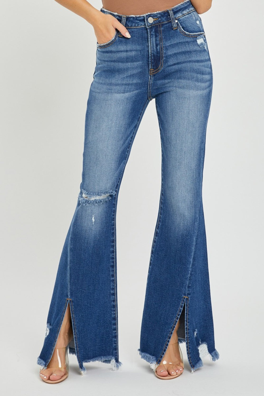 RISEN Full Size High Rise Front Slit Frayed Hem Flare Jeans - In Style Chics Boutique LLC