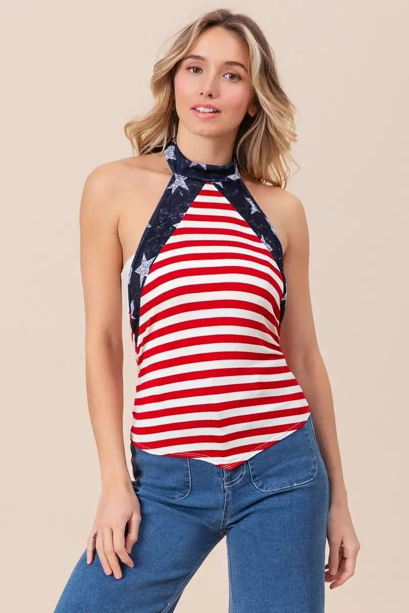 Stripe Jersey with Star Halter Neck with Tie Back - Memorial Day - Fourth of July - In Style Chics Boutique Women's Juniors Apparel Online 