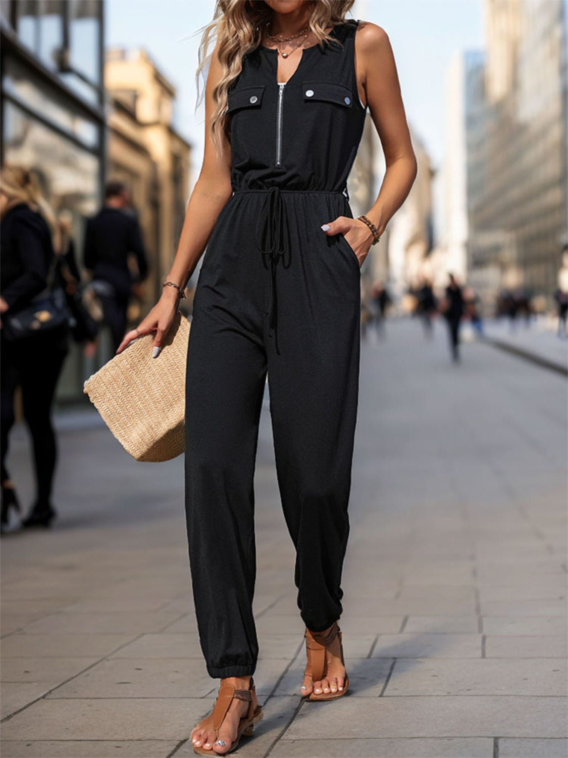 Half Zip Sleeveless Jumpsuit with Pockets - In Style Chics Boutique LLC