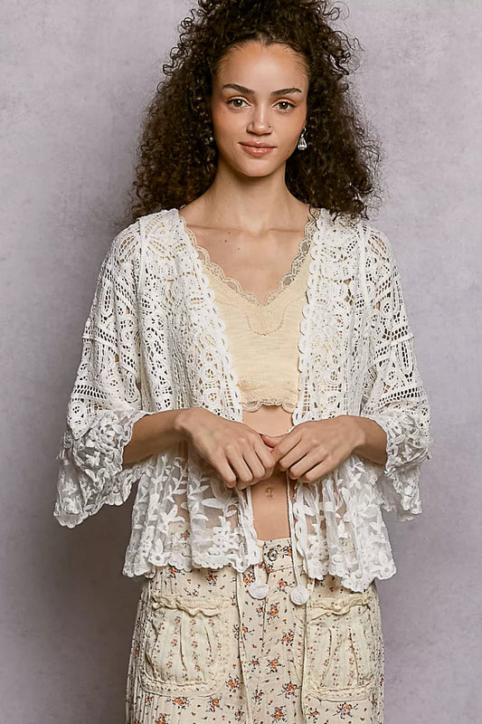 Floral White Lace Short Sleeve Crochet Cardigan with Tassel Tie by POL