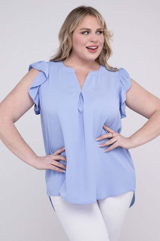 Plus Size High-Low Top, Woven Wool Ruffled Sleeve - In Style Chics Boutique 