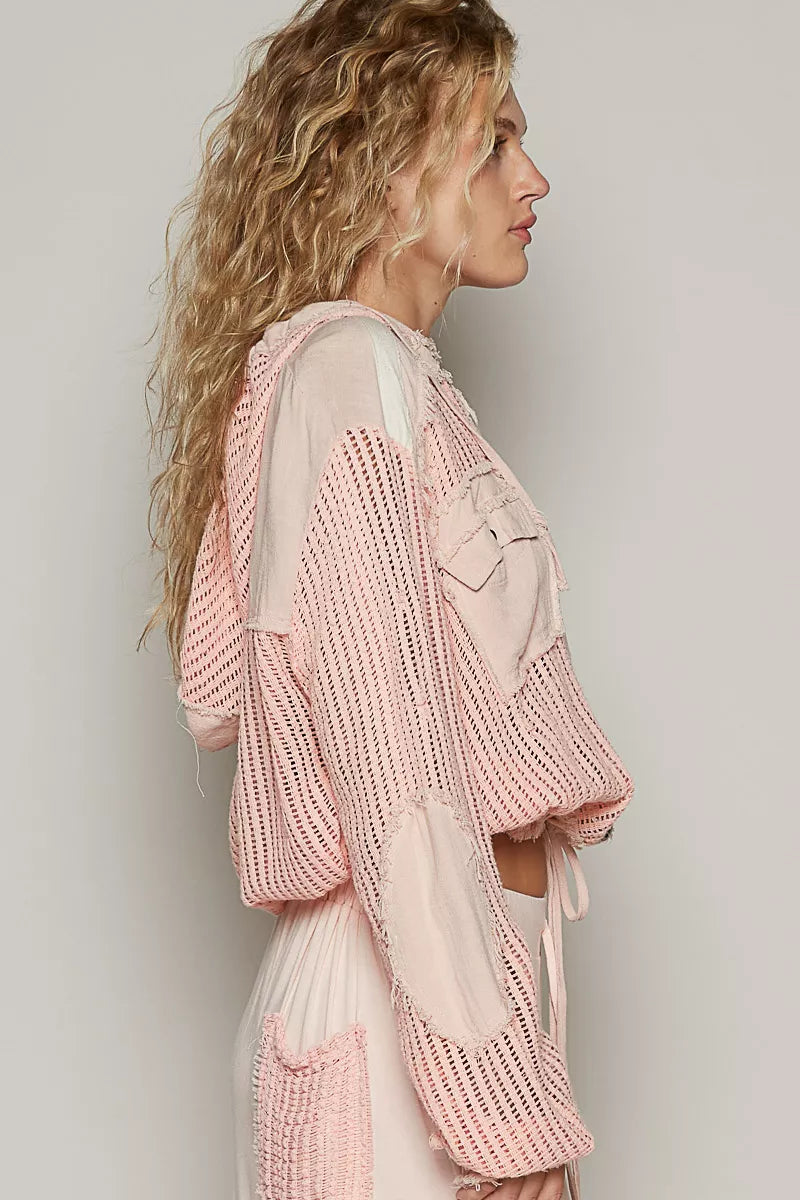 Button Down Hooded Shirt, Texture Woven Drawstring Hem Hoodie at In Style Chics Boutique 