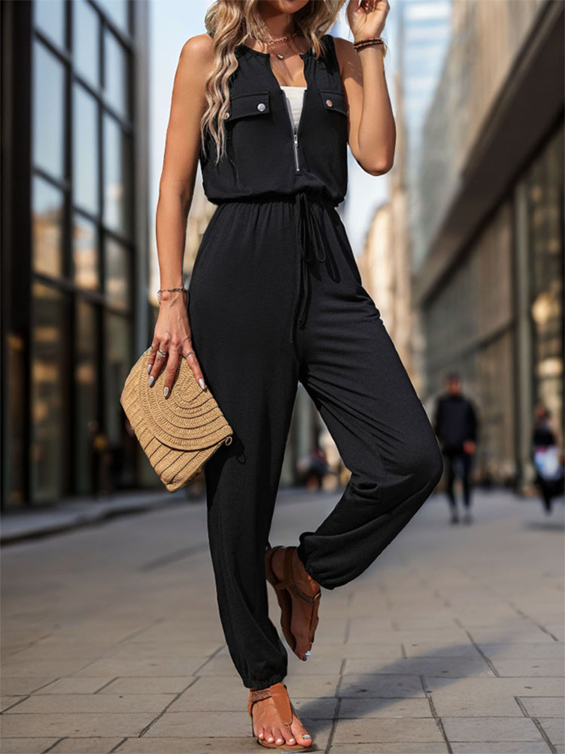 Half Zip Sleeveless Jumpsuit with Pockets - In Style Chics Boutique LLC