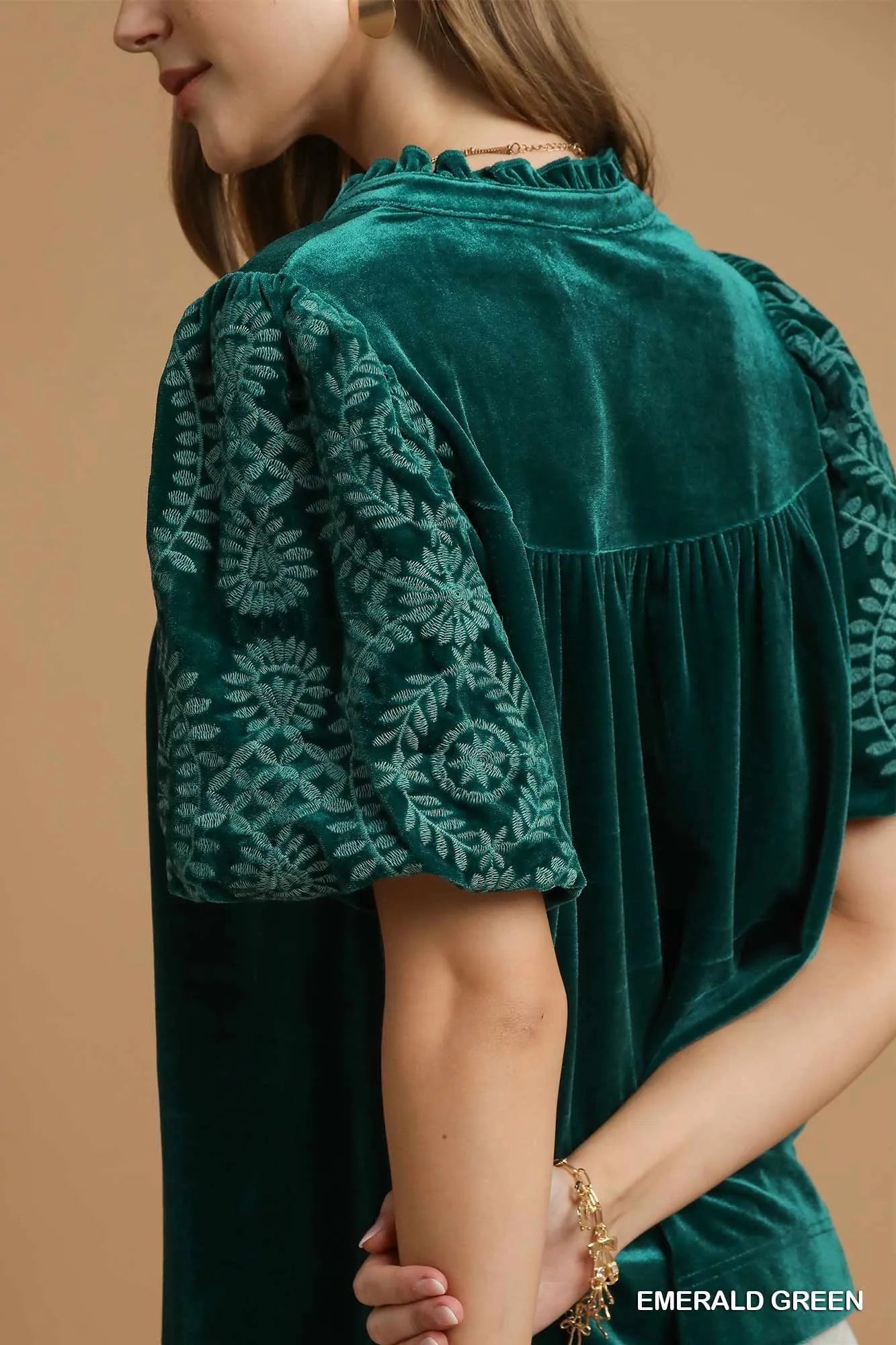 Velvet Embroidered Sleeve Blouse at In Style Chics Boutique 