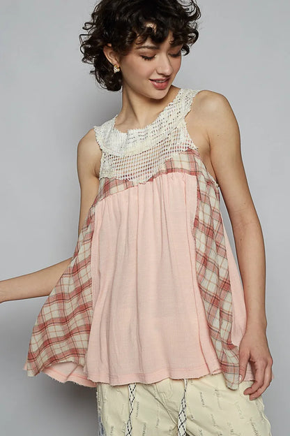 Crochet Lace Tank Top with Plaid Panel Detail  - In Style Chics Boutique 