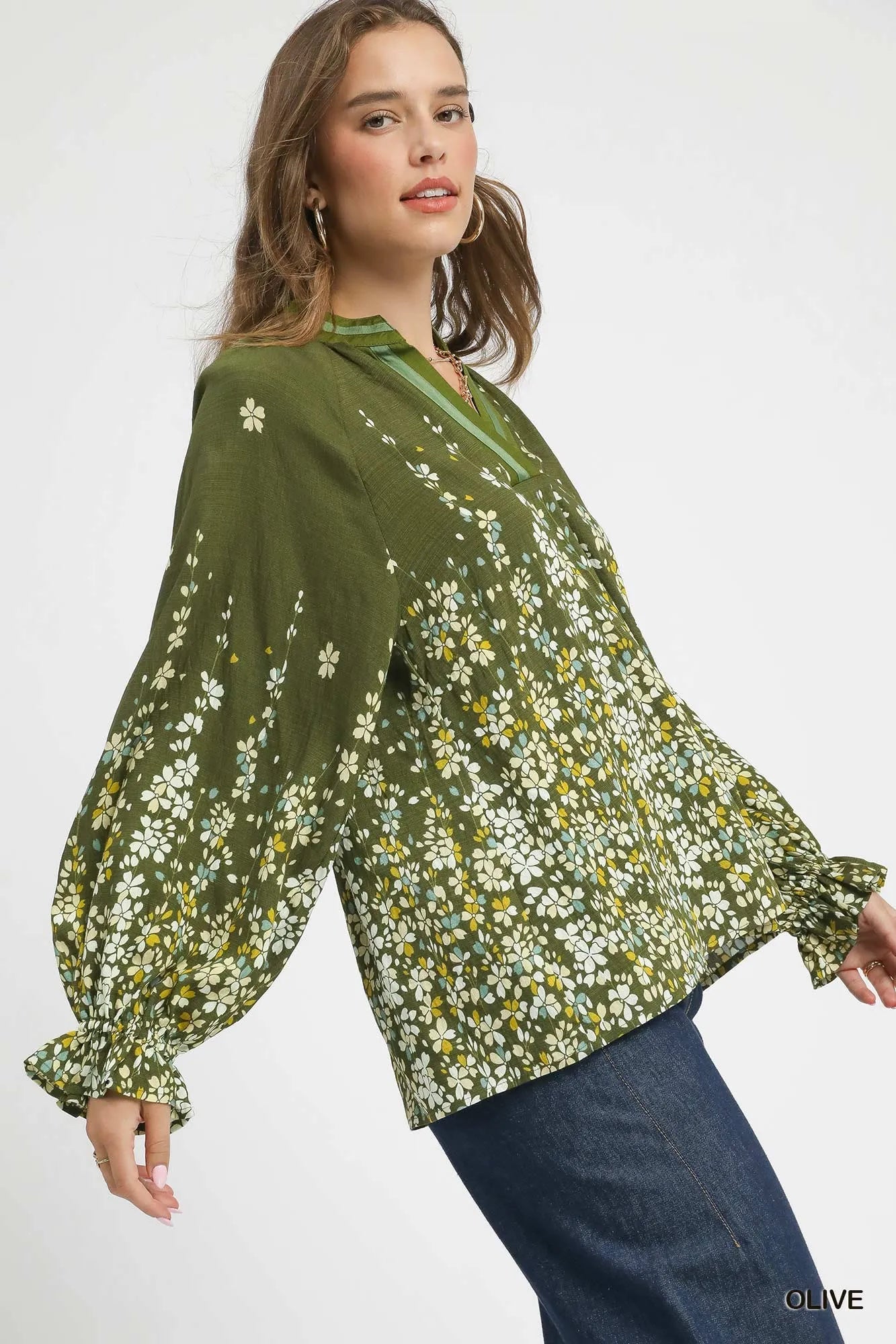 Blouse with Balloon Sleeves Floral Vine Print at In Style Chics Boutique 