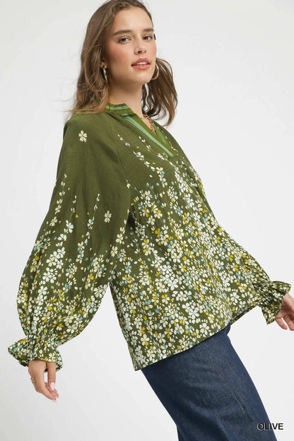 Blouse with Balloon Sleeves Floral Vine Print at In Style Chics Boutique 